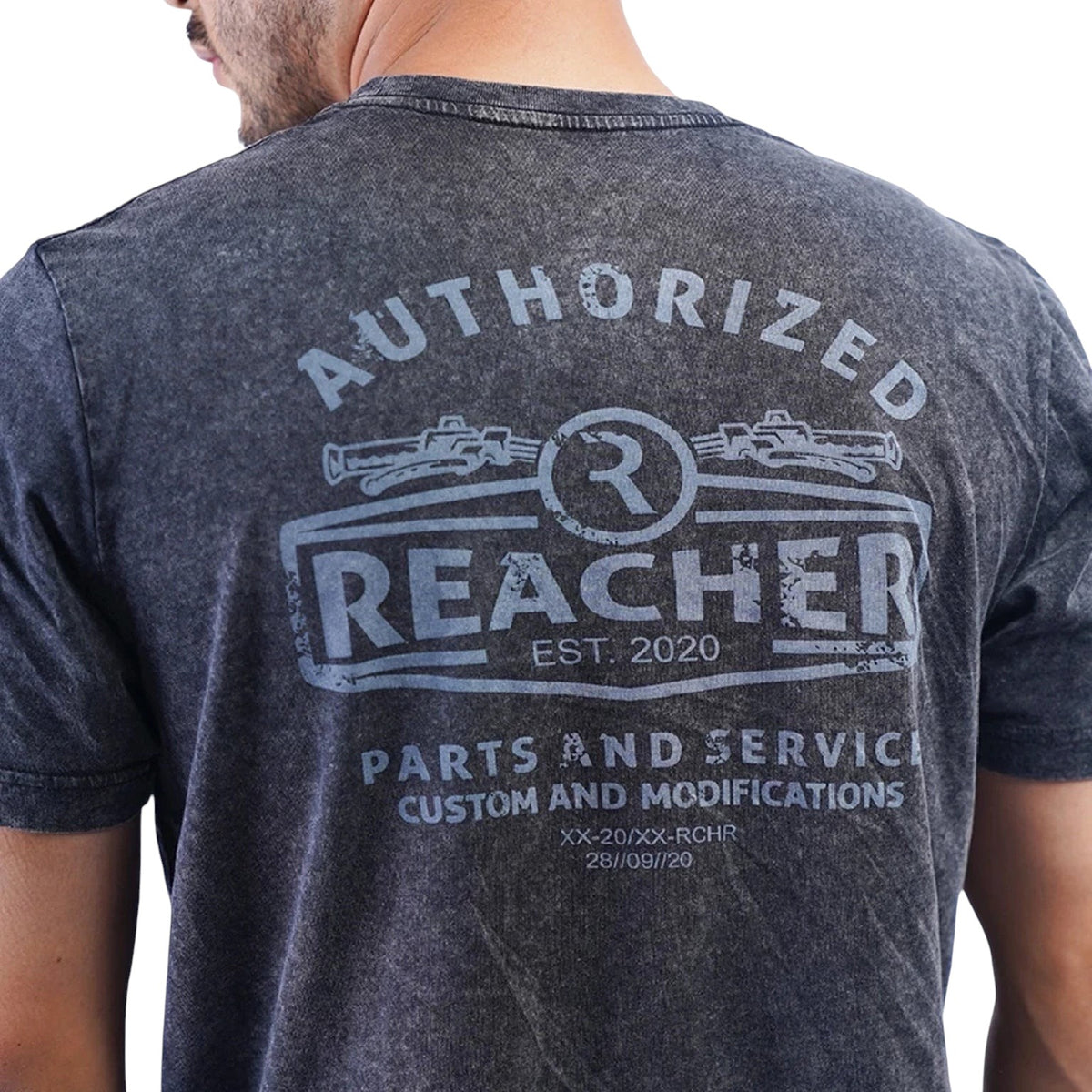 Reacher Europe Florida T-shirt in antraciet met vintage wassing en handgetekende graphic op de achterkant