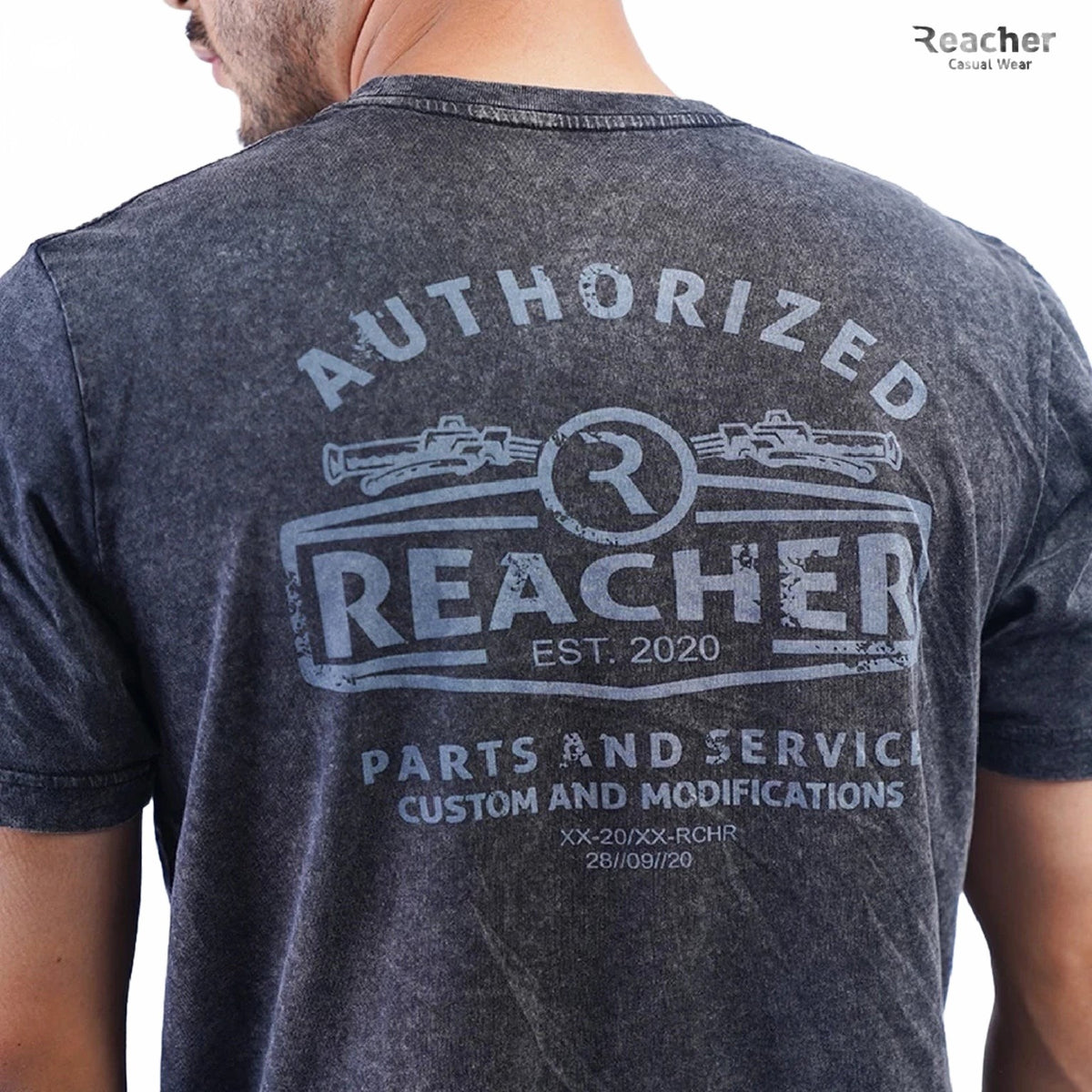 Reacher Europe Florida T-shirt in grijs katoen met vintage antieke wassing en opvallende handgetekende achterprint