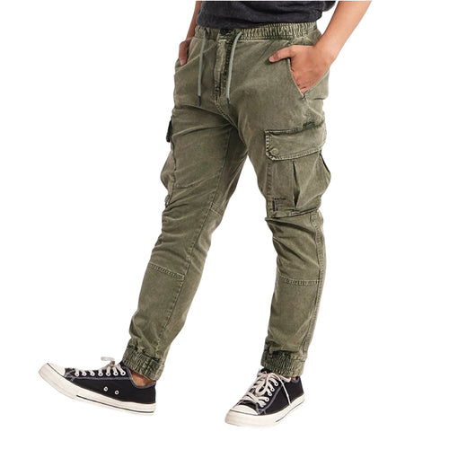 Reacher Europe Birmingham cargo jogger in olijfgroen met ice-wash afwerking, cargozakken en elastische tailleband.