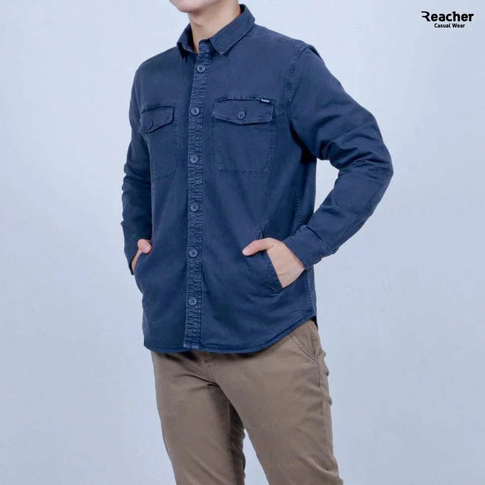 Reacher® Hemd Istanbul blauw katoenmix met stretch, casual stijlvolle look en zijzakken.